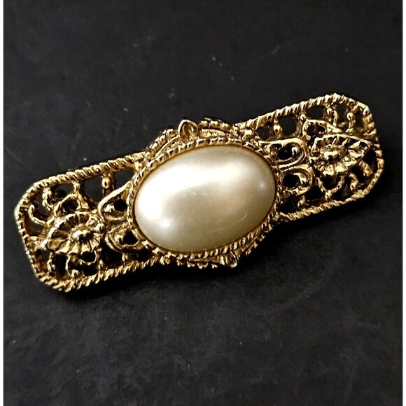 Vintage Bar Brooch Gold Tone Faux Pearl Stone Estate Piece 1.25" EUC - Picture 1 of 9